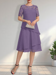 A-line Scoop Illusion Knee-Length Lace Chiffon Mother of the Bride Dress With Sequins