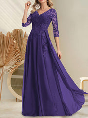A-line V-Neck Floor-Length Lace Chiffon Mother of the Bride Dress With Sequins