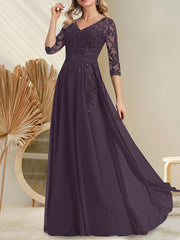A-line V-Neck Floor-Length Lace Chiffon Mother of the Bride Dress With Sequins