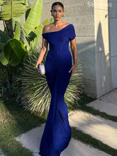 Premium Blue One Shoulder Pleats Mermaid Long Evening Dress,Prom Dress