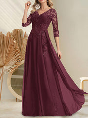 A-line V-Neck Floor-Length Lace Chiffon Mother of the Bride Dress With Sequins