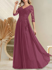 A-line V-Neck Floor-Length Lace Chiffon Mother of the Bride Dress With Sequins