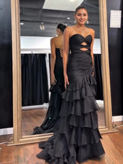 Hollowed Tiered Prom Dresses for Women Mermaid Black Formal Dress