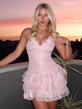 Elegant Pink V-neck Spaghetti Strap A-line Short Mini Dress Homecoming Dress