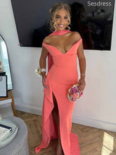 Elegant V-neck Off the Shoulder Side Slit Mermaid Long Evening Dress,Prom Dress