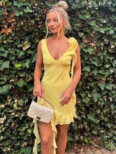 Elegant Yellow V-neck 3D Flowers Straps A-line Short Mini Dress Homecoming Dress