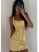 Sparkly Yellow Square Strap Bodycon Short Mini Dress Homecoming Dress