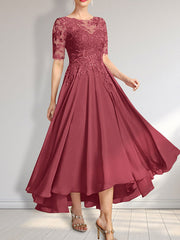 A-line Scoop Illusion Asymmetrical Chiffon Lace Mother of the Bride Dress With Sequins