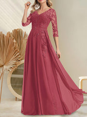 A-line V-Neck Floor-Length Lace Chiffon Mother of the Bride Dress With Sequins