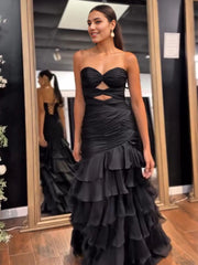 Hollowed Tiered Prom Dresses for Women Mermaid Black Formal Dress