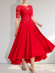 A-line Scoop Illusion Asymmetrical Chiffon Lace Mother of the Bride Dress With Sequins