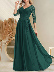 A-line V-Neck Floor-Length Lace Chiffon Mother of the Bride Dress With Sequins