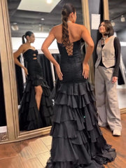 Hollowed Tiered Prom Dresses for Women Mermaid Black Formal Dress