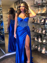 Gorgeous V-neck Spaghetti Strap Beaded Side Slit Mermaid Long Evening Dress,Prom Dress