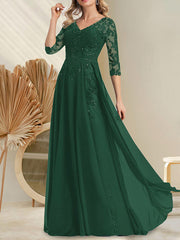 A-line V-Neck Floor-Length Lace Chiffon Mother of the Bride Dress With Sequins