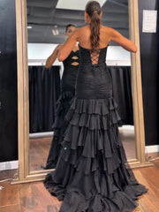 Hollowed Tiered Prom Dresses for Women Mermaid Black Formal Dress