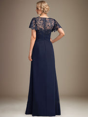 A-line Asymmetrical Illusion Floor-Length Lace Chiffon Mother of the Bride Dress With Cascading Ruffles Sequins