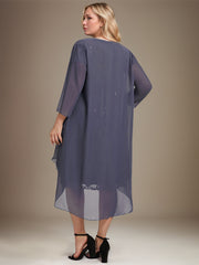 Sheath/Column Scoop Illusion Knee-Length Lace Chiffon Mother of the Bride Dress With Cascading Ruffles Sequins