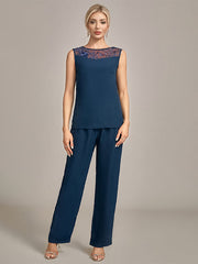 Navy Long Sleeves 3 Pieces Mother of the Bride Pant Suits