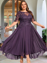 A-line Scoop Illusion Asymmetrical Chiffon Lace Mother of the Bride Dress With Sequins