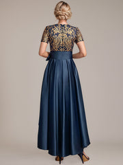 A-line Scoop Asymmetrical Satin Sequin Lace Mother of the Bride Dress With Bow