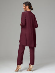 3 Pieces Chiffon Elegant Mother Of The Bride Dress Pants Suits