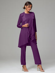 3 Pieces Chiffon Elegant Mother Of The Bride Dress Pants Suits