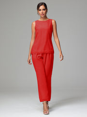 3 Pieces Chiffon Elegant Mother Of The Bride Dress Pants Suits