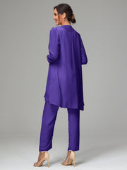 3 Pieces Chiffon Elegant Mother Of The Bride Dress Pants Suits