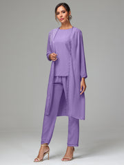 3 Pieces Chiffon Fancy Mother Of The Bride Dress Pants Suits