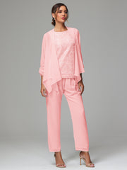 3 Pieces Chiffon Lace Long Sleeves Mother Of The Bride Dress Pants Suits