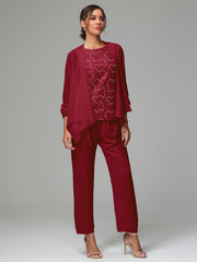 3 Pieces Chiffon Lace Long Sleeves Mother Of The Bride Dress Pants Suits