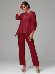 3 Pieces Chiffon Lace Long Sleeves Mother Of The Bride Dress Pants Suits