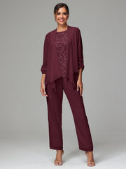 3 Pieces Chiffon Lace Long Sleeves Mother Of The Bride Dress Pants Suits