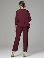 3 Pieces Chiffon Lace Long Sleeves Mother Of The Bride Dress Pants Suits