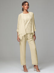 3 Pieces Chiffon Lace Long Sleeves Mother Of The Bride Dress Pants Suits