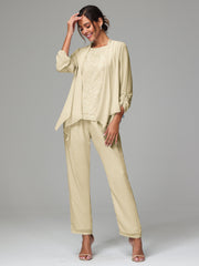 3 Pieces Chiffon Lace Long Sleeves Mother Of The Bride Dress Pants Suits