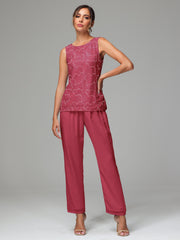 3 Pieces Chiffon Lace Long Sleeves Mother Of The Bride Dress Pants Suits