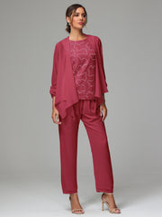 3 Pieces Chiffon Lace Long Sleeves Mother Of The Bride Dress Pants Suits