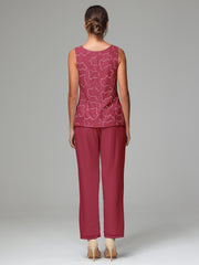 3 Pieces Chiffon Lace Long Sleeves Mother Of The Bride Dress Pants Suits