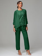 3 Pieces Chiffon Lace Long Sleeves Mother Of The Bride Dress Pants Suits