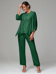 3 Pieces Chiffon Lace Long Sleeves Mother Of The Bride Dress Pants Suits