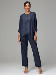 3 Pieces Chiffon Lace Long Sleeves Mother Of The Bride Dress Pants Suits