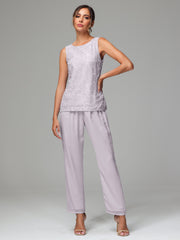 3 Pieces Chiffon Lace Long Sleeves Mother Of The Bride Dress Pants Suits