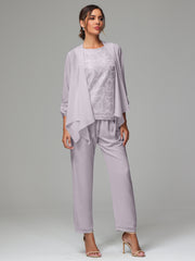 3 Pieces Chiffon Lace Long Sleeves Mother Of The Bride Dress Pants Suits
