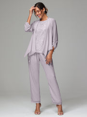 3 Pieces Chiffon Lace Long Sleeves Mother Of The Bride Dress Pants Suits
