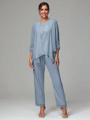 3 Pieces Chiffon Lace Long Sleeves Mother Of The Bride Dress Pants Suits