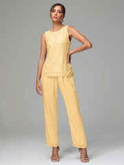 3 Pieces Chiffon Lace Long Sleeves Mother Of The Bride Dress Pants Suits