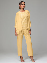 3 Pieces Chiffon Lace Long Sleeves Mother Of The Bride Dress Pants Suits