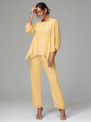 3 Pieces Chiffon Lace Long Sleeves Mother Of The Bride Dress Pants Suits
